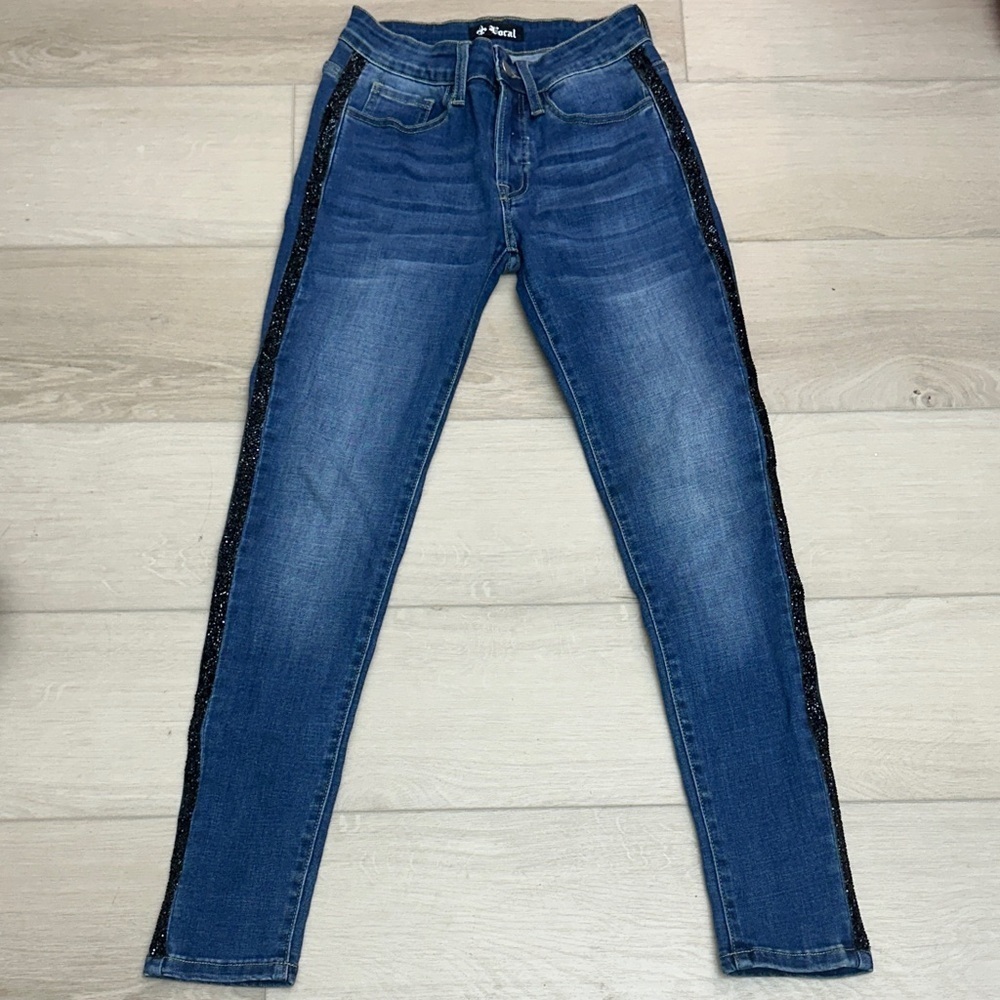 Vocal Blue Skinny Jeans with Black Side Accents